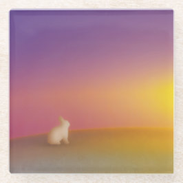 サンライズの草深い丘にかわいい白いバニーラビット ガラスコースター