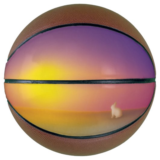 サンライズの草深い丘にかわいい白いバニーラビット バスケットボール (正面)