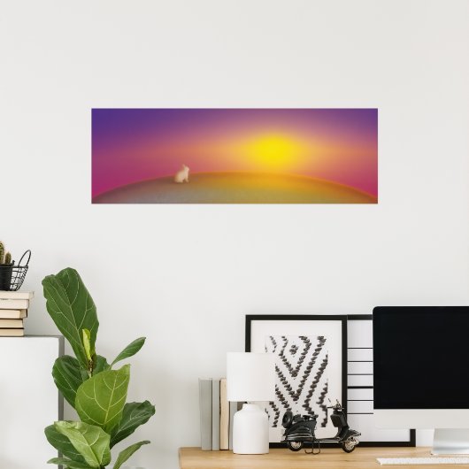 サンライズの草深い丘にかわいい白いバニーラビット ポスター (ホームオフィス)