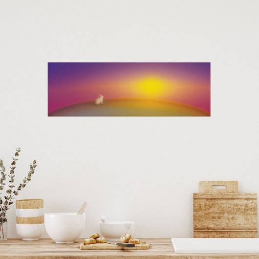 サンライズの草深い丘にかわいい白いバニーラビット ポスター (キッチン)