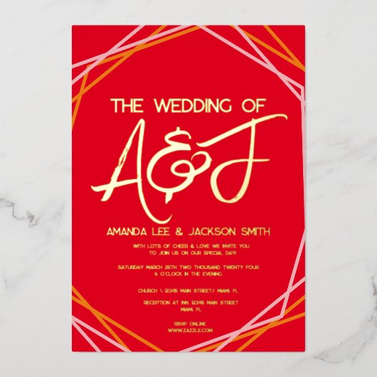 サンライズオレンジピンクレッドブライト結婚ズ 箔招待状 (正面)