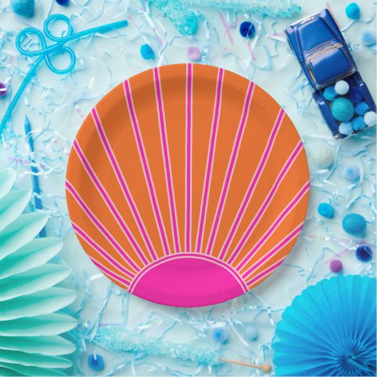 サンライズオレンジ&ホットピンクサンシャイ名門私立校風のン ペーパープレート (パーティー)