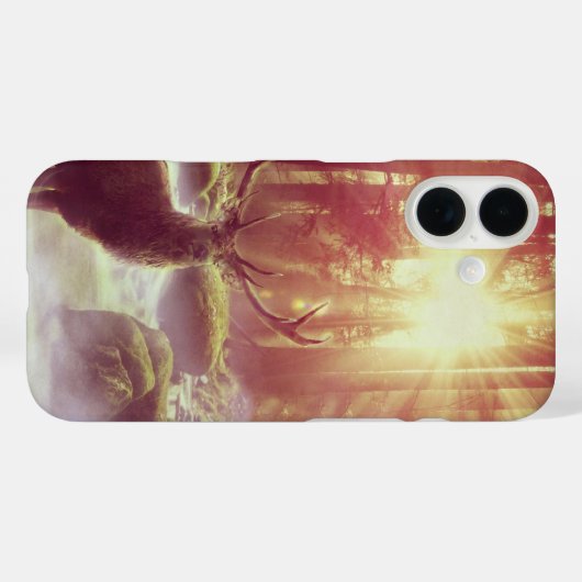 サンライズゴールデンアワーの霧の多い森の中の雄シカ Case-Mate iPhoneケース (裏面 (横))