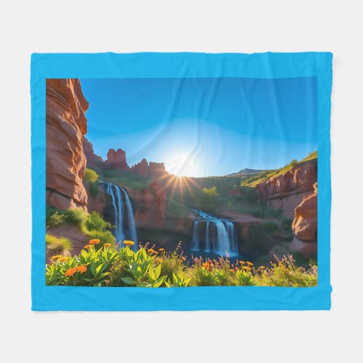 サンライズサンドストーン滝の風景 フリースブランケット (正面(横))