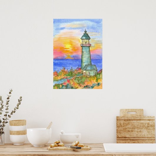 サンライズライトハウス海ウォーター絵画カラー ポスター (キッチン)