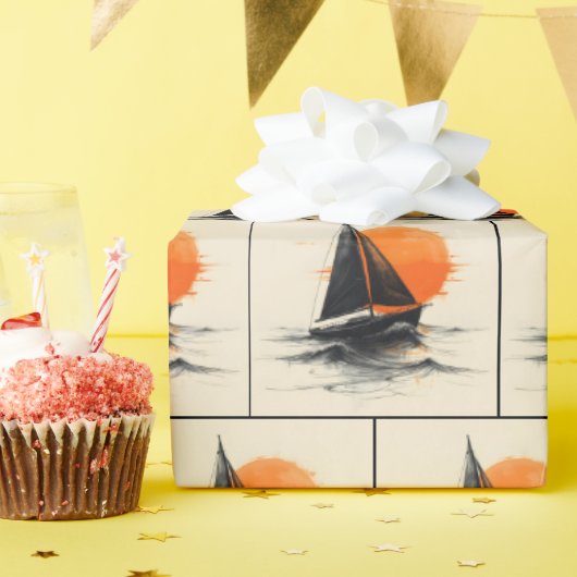 サンライズ帆船シルエットスケッチ ラッピングペーパー (誕生日パーティー)