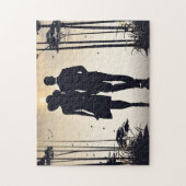 サンライズ散策:白黒シルエットカップル ジグソーパズル (縦)