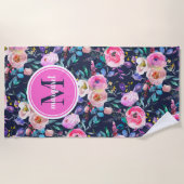 サンライズ ボーホー フローラル ピンク ネイビー モノグラム ビーチタオル (正面)