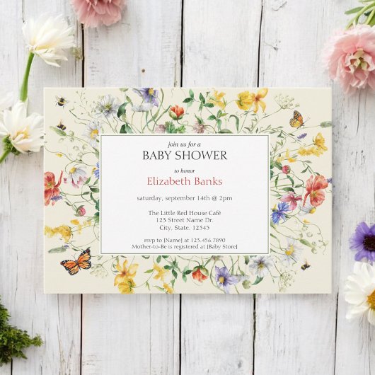 サンライトのワイルドフラワー、ミツバチ、蝶の赤ちゃんシャワー 招待状