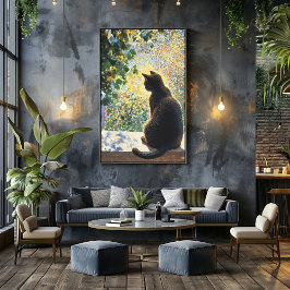 サンライトの窓辺のポインティリズムキャット ポスター