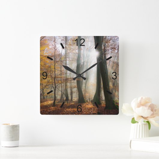 サンレイズ神秘的な霧の風光明媚な森 – ダイヤル – プレート スクエア壁時計 (ホーム)