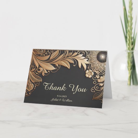 サンヴィンテージレースフローラゴールドフォイルエンボス結婚ズ サンキューカード (正面)