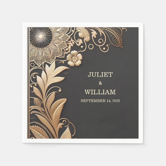 サンヴィンテージレースフローラゴールドフォイルエンボス結婚ズ スタンダードカクテルナプキン (正面)