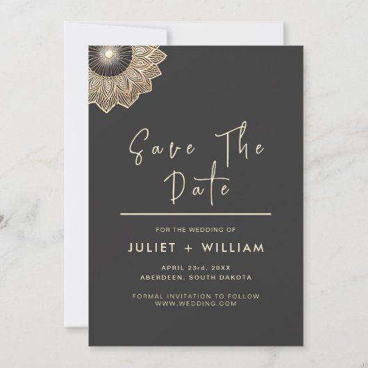 サンヴィンテージレースフローラゴールドフォイルエンボス結婚ズ セーブザデート (正面)