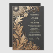 サンヴィンテージレースフローラゴールドフォイルエンボス結婚ズ マグネット招待状 (正面/裏面)