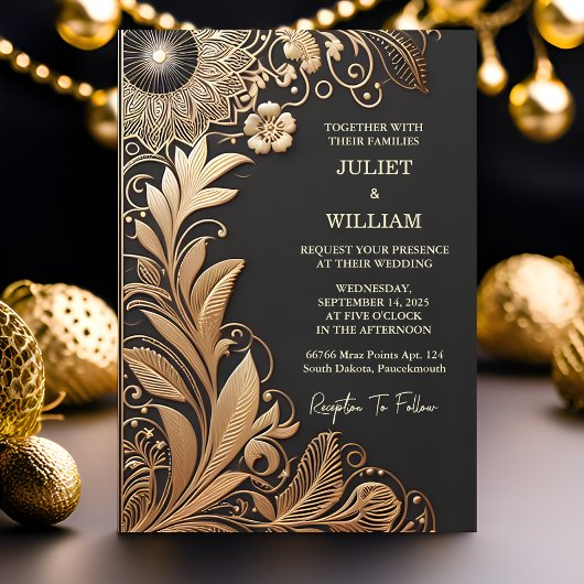 サンヴィンテージレースフローラゴールドフォイルエンボス結婚ズ 招待状