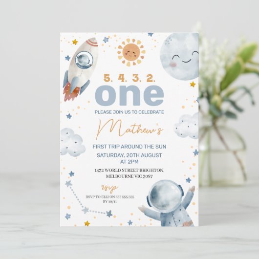 サン宇宙最初ののまわりに旅行ザ・サン1歳の誕生日 招待状 (スタンド正面)