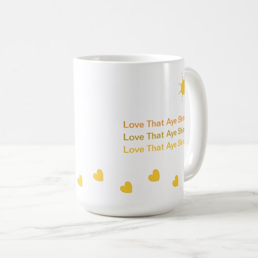 サン感動的白熱［赤熱］光を放つハートと愛、黄色 コーヒーマグカップ (正面右)