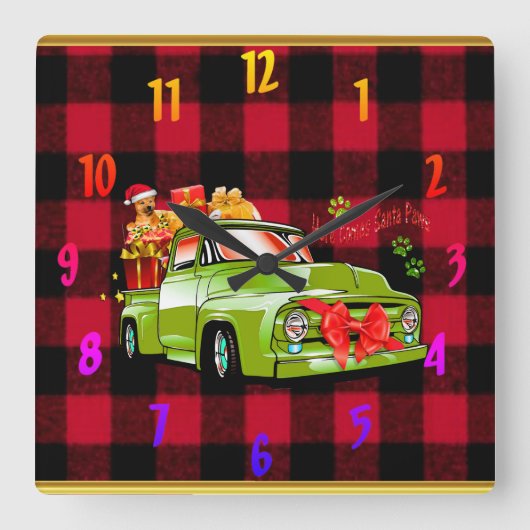 サン来タが犬のクリスマスパレードトラックを歩く スクエア壁時計 (正面)