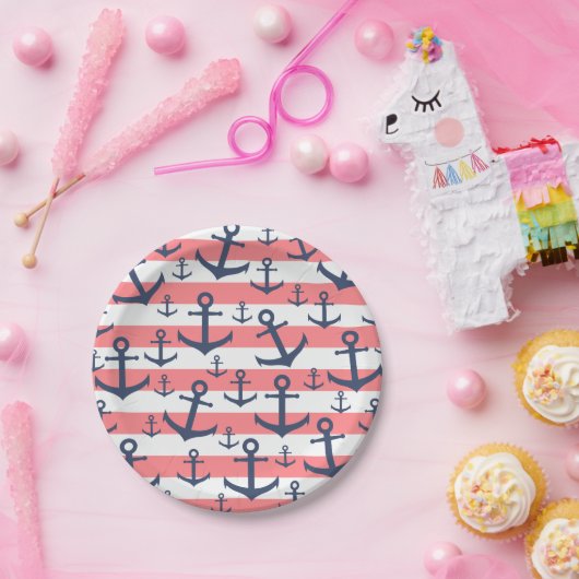 サン航海のゴネービーブストライプルーいかり模様 ペーパープレート (パーティー)