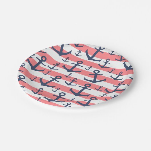 サン航海のゴネービーブストライプルーいかり模様 ペーパープレート (アングル)