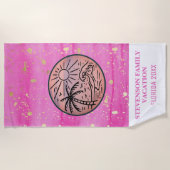 サン&おもしろいファミリーバケーションパームツリーピンク金ゴールド ビーチタオル (正面)