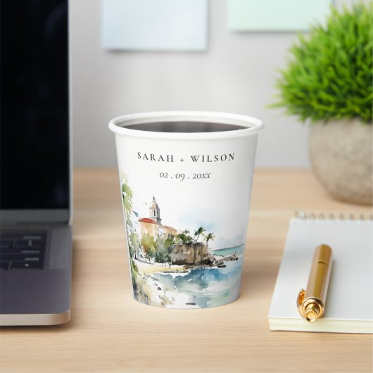 サン・フアン・プエルトリコ・ウォーターカラー・ランドスケープ・ウェディング 紙コップ (インサイチュ)