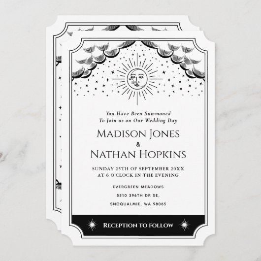 サン&ムーンブラック&ホワイトタロット結婚式招待状 招待状 (正面/裏面)