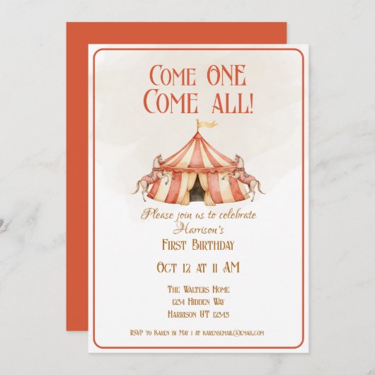 サーカスお洒落スホースファースト誕生日 招待状 (正面/裏面)