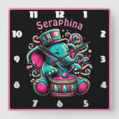 サーカスで陽気なゾウが太鼓を叩く スクエア壁時計 (正面)