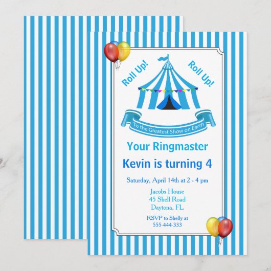 サーカスのお誕生日パーティー 青いブルー 招待状 (正面/裏面)