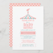 サーカスのカーニバルのピンクのティール（緑がかった色）のベビーシャワーの招待状 招待状 (正面/裏面)