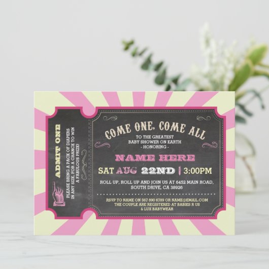 サーカスのカーニバルのピンクの女の子のベビーシャワーの招待状 招待状 (スタンド正面)