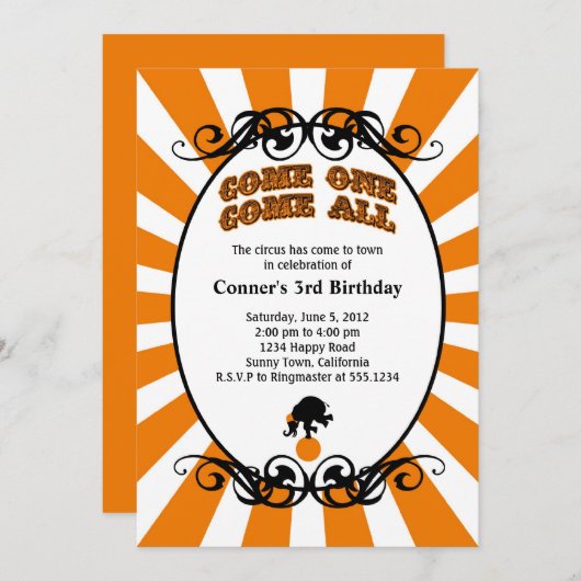 サーカスのカーニバルの招待状のオレンジ 招待状 (正面/裏面)