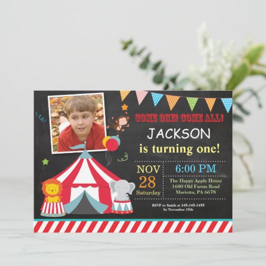 サーカスのカーニバルの誕生会の写真の招待状 招待状 (スタンド正面)