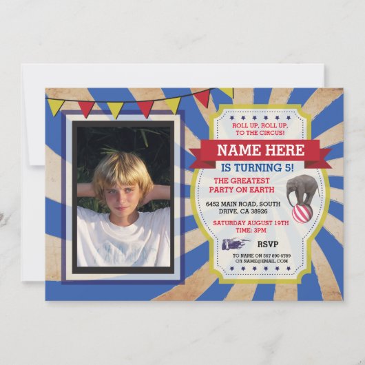 サーカスのカーニバルの誕生会の写真の招待状 招待状 (正面)