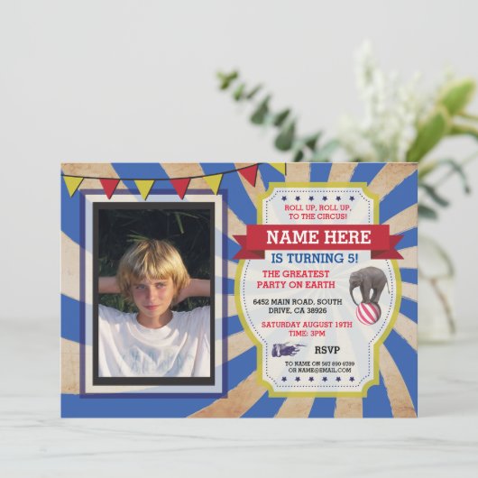 サーカスのカーニバルの誕生会の写真の招待状 招待状 (スタンド正面)