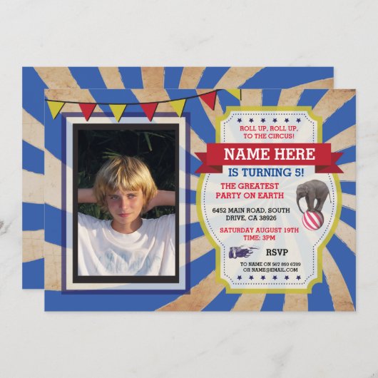 サーカスのカーニバルの誕生会の写真の招待状 招待状 (正面/裏面)