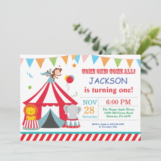 サーカスのカーニバルの誕生日のパーティの招待状 招待状 (スタンド正面)