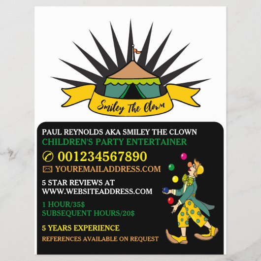 サーカスのテントのピエロ, 子供のエンターテイナー, ピエロの広告 チラシ (正面)