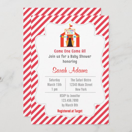 サーカスのテントのベビーシャワーの招待状の赤 招待状 (正面/裏面)