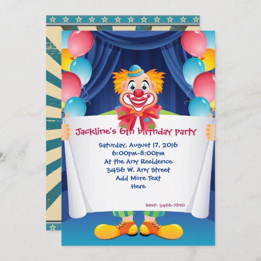 サーカスのピエロの子供の誕生日のパーティの招待状5x7 " 招待状 (正面/裏面)