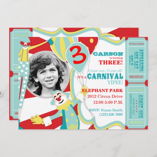 サーカスのピエロの誕生日の招待状A7-AQRD 招待状 (正面/裏面)