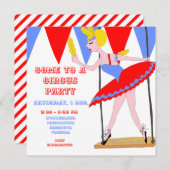 サーカスのブランコ曲芸師の赤いサーカスのテントのストライプのパーティー 招待状 (正面/裏面)