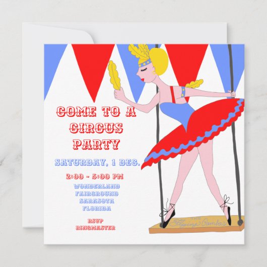 サーカスのブランコ曲芸師の赤いサーカスのテントのストライプのパーティー 招待状 (正面)