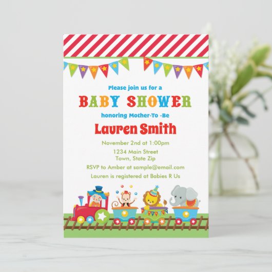 サーカスのベビーシャワーの招待状のサーカスの列車 招待状 (スタンド正面)