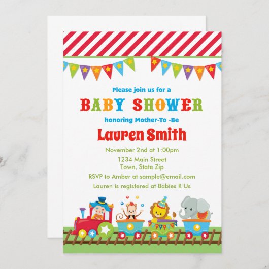 サーカスのベビーシャワーの招待状のサーカスの列車 招待状 (正面/裏面)