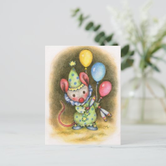 サーカスのマウスのかわいいピエロの曲芸師動物の郵便はがき ポストカード (スタンド正面)