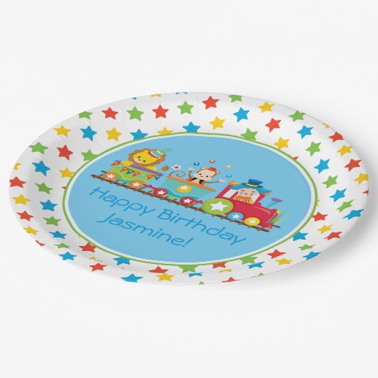 サーカスの列車|猿|のライオンパーソナライズな| Clown| ペーパープレート (アングル)