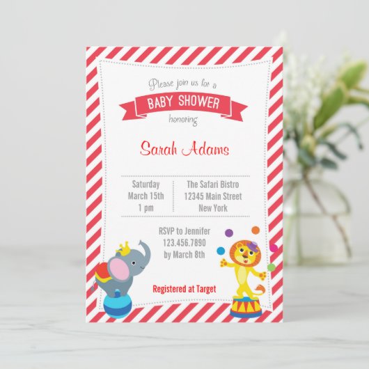 サーカスの動物のベビーシャワーの招待状の赤 招待状 (スタンド正面)